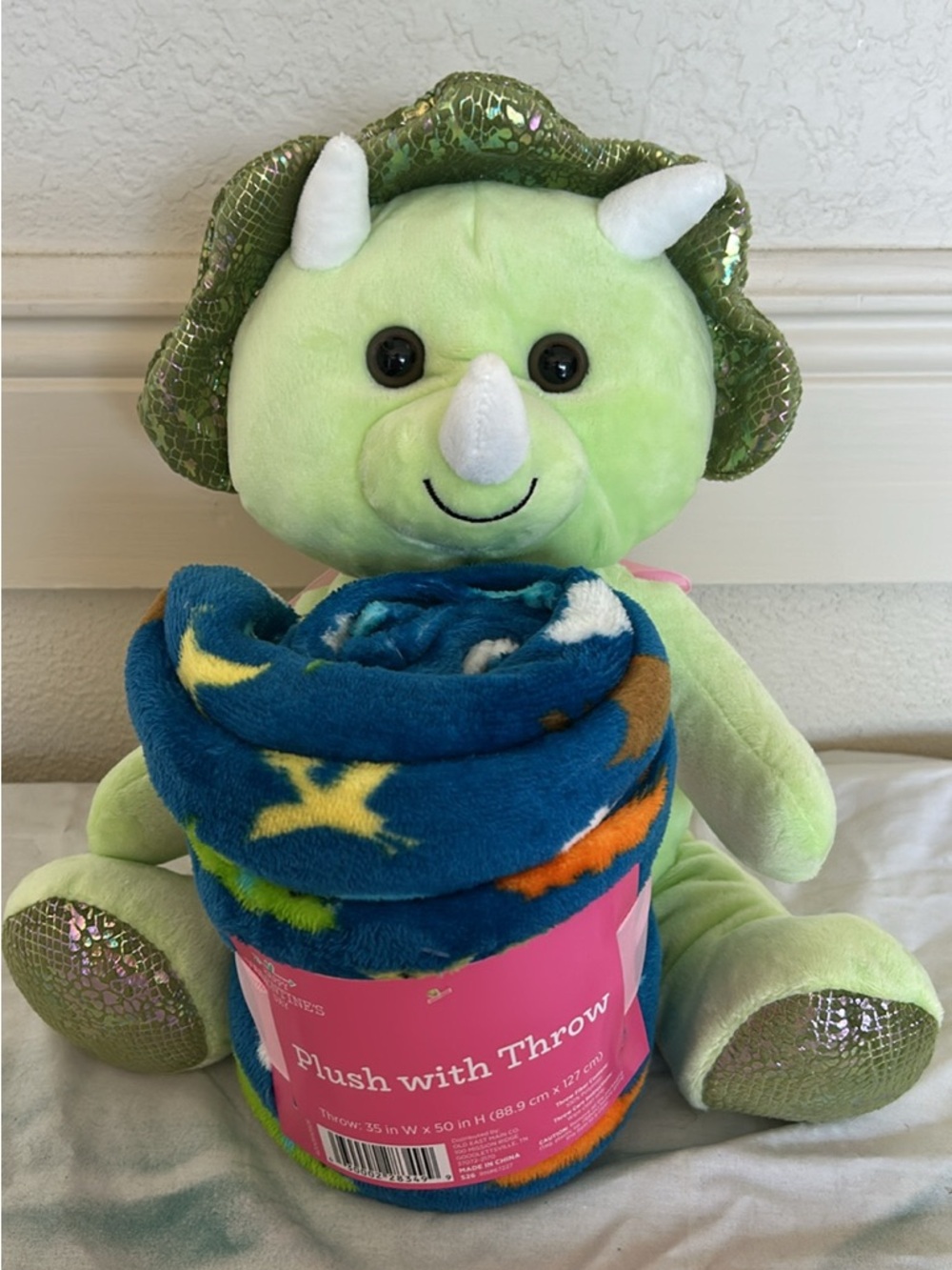 Green Triceratops Plush Holding Blue Star Throw